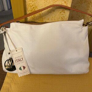 Valentina White /brown Italian Leather handbag new w tags 7x12 3 compartments 2
